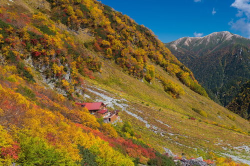 北アルプス涸沢カールの黄色と紅に溢れた秋の山肌