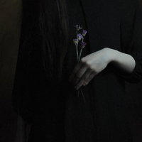 紫色の造花を手に持つ黒ワンピースの女性モデルの写真