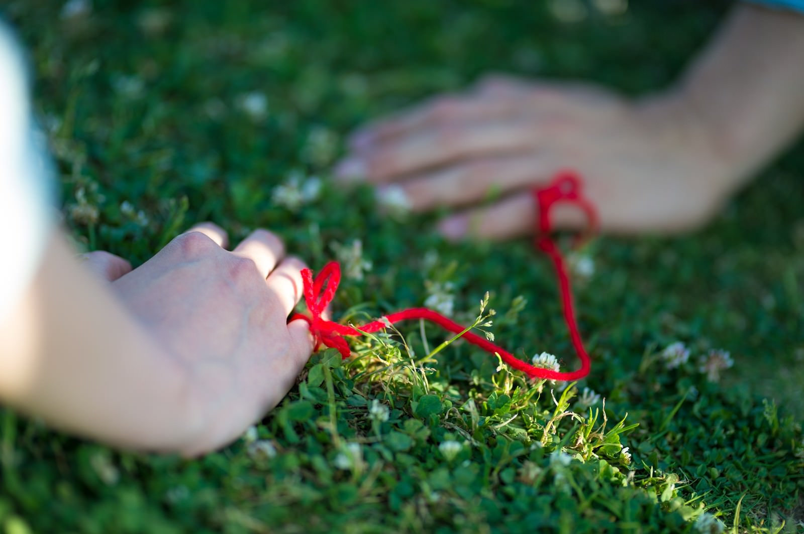 緑の芝生の上で赤い糸で結ばれた女性と男性の手