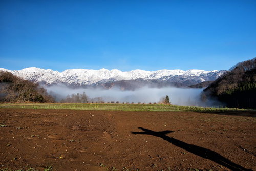 案山子の影と雪化粧した白馬三山の北アルプス風景