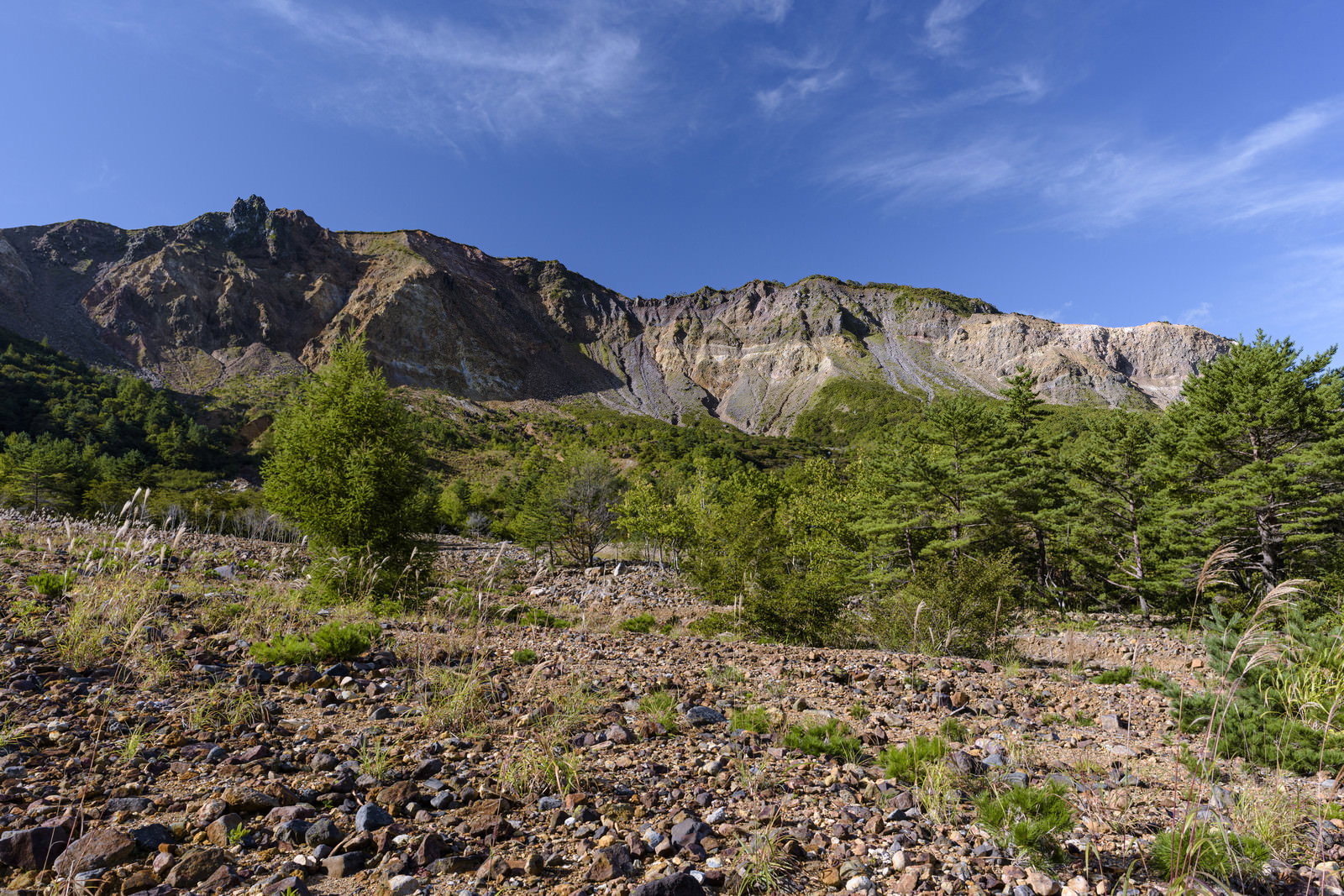 青空を背景にそびえ立つ磐梯山の険しい岩壁と手前の緑豊かな植生