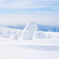 晴天に佇む蔵王の樹氷とスノーモンスター、青い山々の写真