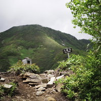 高妻山九勢至から山頂へ続く岩がちな登山道と新緑の写真