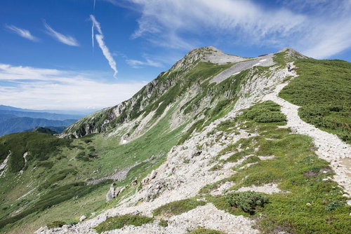 青空を指す笠ヶ岳の登山道を歩む登山者たち
