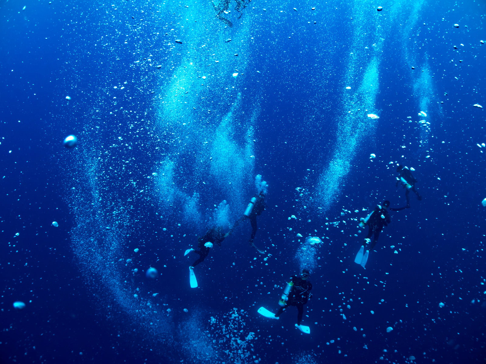 青い海中でダウンカレントによって散らばる泡と休憩するダイバーのシルエット