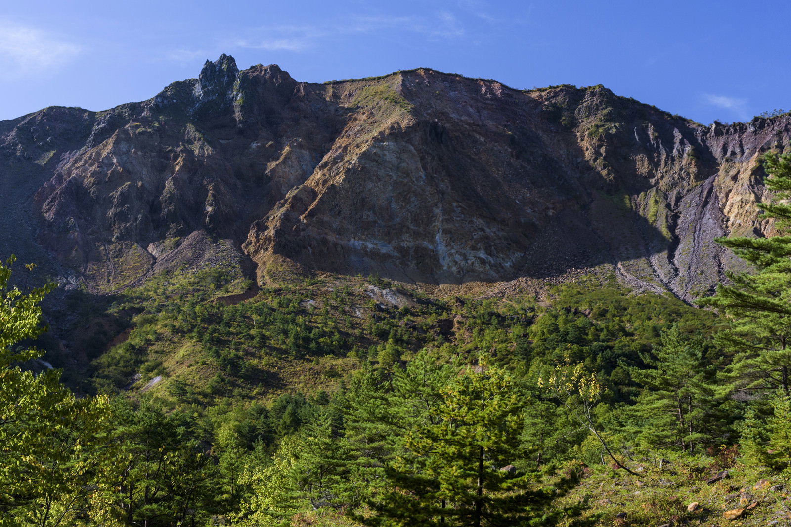 青空の下に聳える磐梯山の険しい岩肌と断崖絶壁、手前に緑の森林