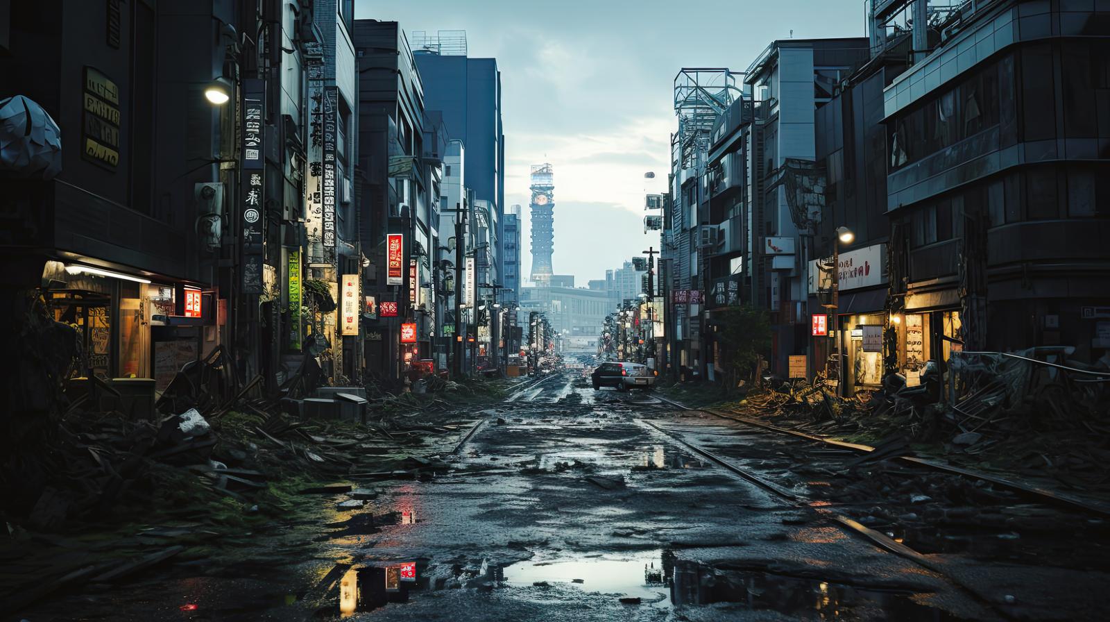 夜明け前の荒廃した商店街。ネオン看板が点灯し、雨で濡れた道が光に染まる