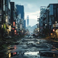 夜明け前の荒廃した都市風景・ネオン照らす廃墟商店街の写真