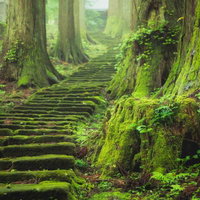 朝靄残る苔生す古い石段と森の登山道の写真