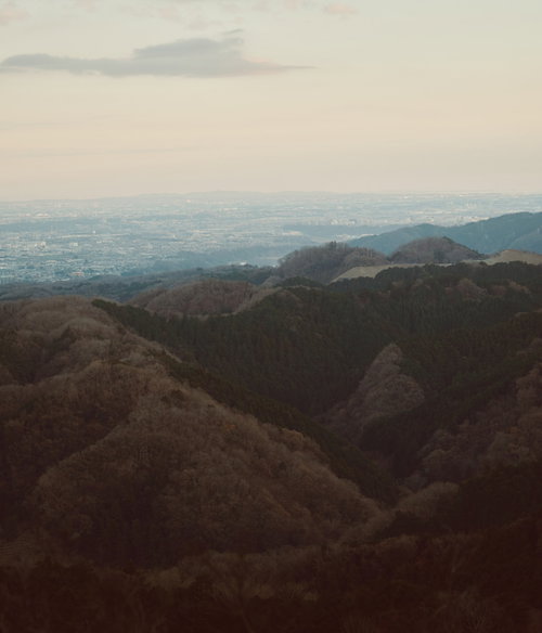 高所から眺める街並みと低山の遠景、平野と建物が広がる俯瞰風景