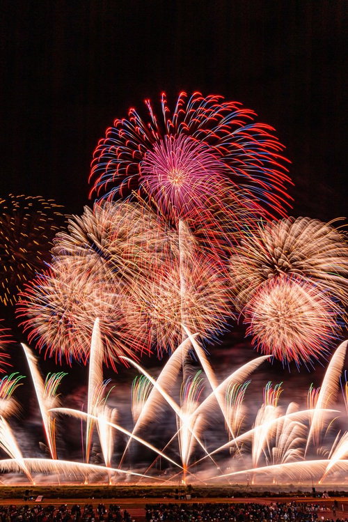 夜空に大きく花開く赤やピンク、黄色の打ち上げ花火