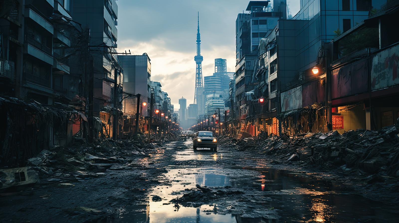 破壊された都市を走行する車が映る終末風の風景