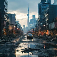 終末の世界、荒廃した都市風景と走行する車の写真