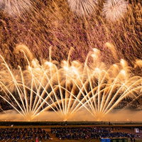 夜空を覆う黄金色の光跡を描く打上げ花火の煌めきの写真