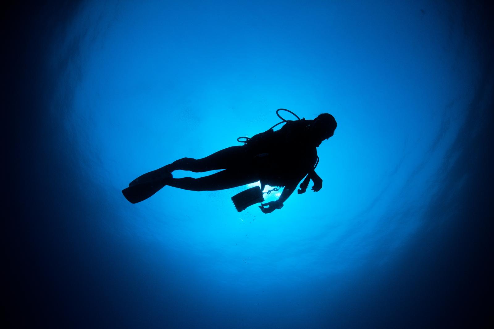 青い海中を泳ぐスキューバーダイバーのシルエット