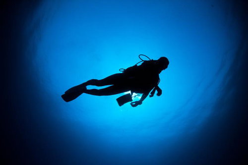 海中で泳ぐダイバーのシルエット、フィンとレギュレーター装備