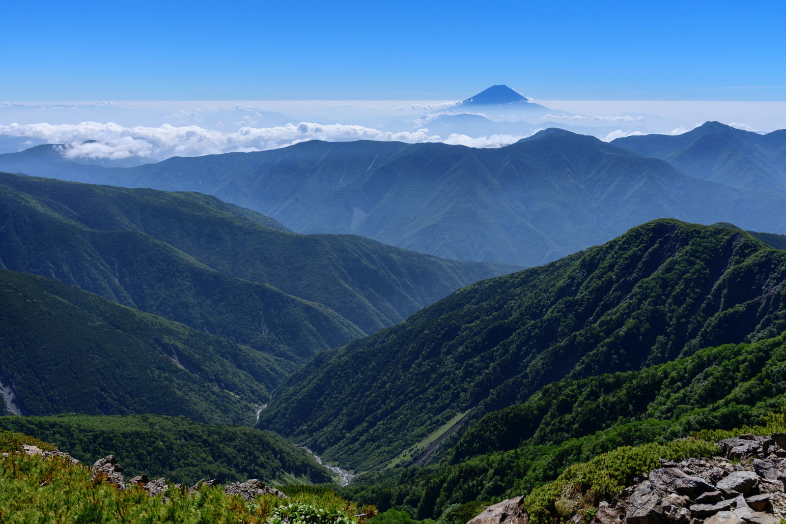 青空の下に連なる緑豊かな山々と深い谷間の風景