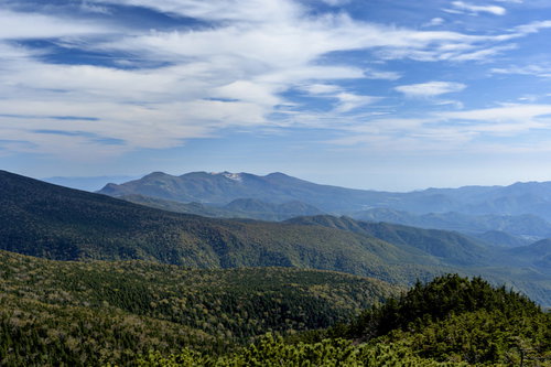 吾妻山の深い森越しに見える安達太良山と日本百名山の景観
