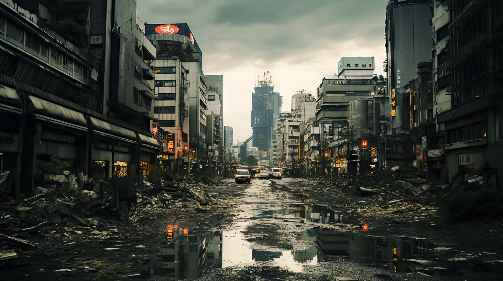 廃墟と化した都市の通りに瓦礫が散乱し、奥には倒壊したビルが見える