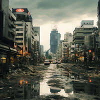 人が消えてしまった世紀末の都市、瓦礫に覆われた倒壊するビル群の写真