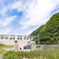 緑の山々に囲まれた苫田ダムと青空の風景の写真