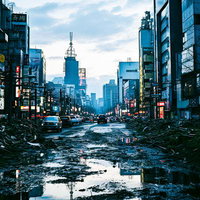 瓦礫と水たまりに覆われた崩壊後の都市部道路の写真