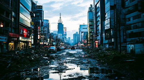 瓦礫と水たまりに覆われた崩壊後の都市部道路