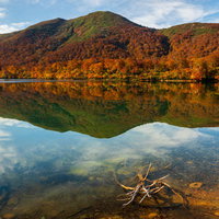 紅葉に染まる山々が映る須川湖の秋景色の写真