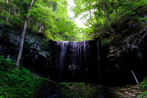 岡山県鏡野町の岩井滝と新緑の渓流、清流の自然美