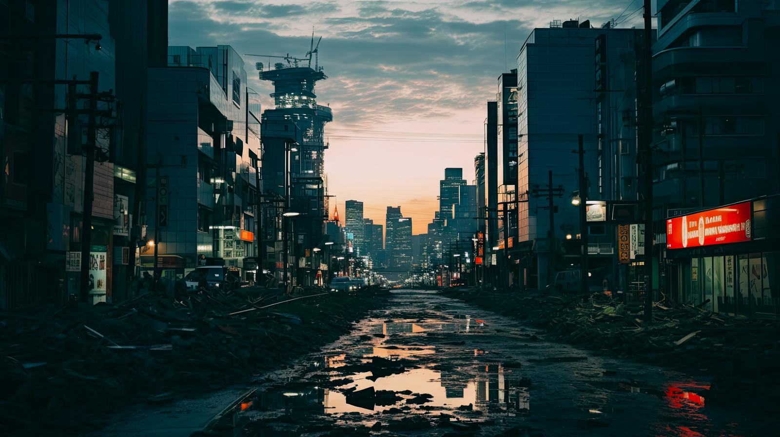 世紀末風の廃墟化した都市と瓦礫で覆われた道路、夕焼けの空