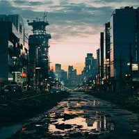 世紀末風の被災した街と瓦礫に覆われた道路の写真