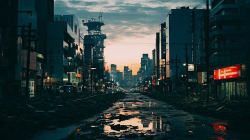 世紀末風の被災した街と瓦礫に覆われた道路