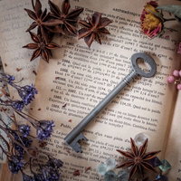 開かれた洋書の上に置かれた秘密の鍵とドライフラワーの写真