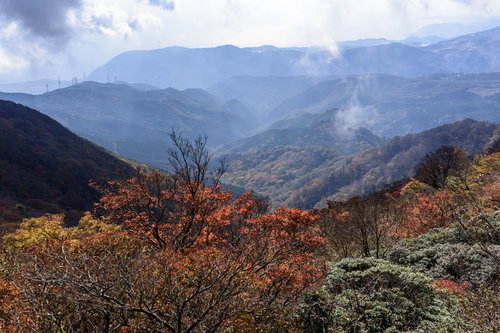 天城山の稜線から望む伊豆の山々と秋の紅葉
