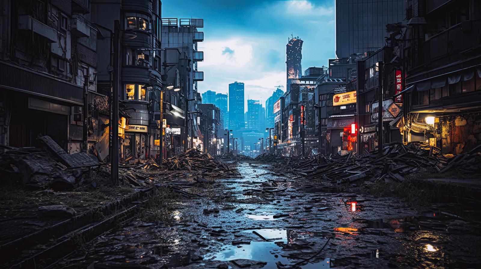 瓦礫が散乱する世紀末風の崩壊都市の道路と高層建築群
