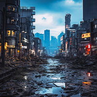 瓦礫と崩壊した世紀末都市景観、滅亡した道路と荒廃する高層建築群の写真