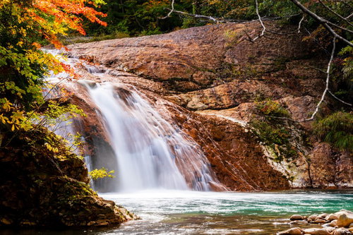 秋の紅葉に包まれた赤滝と水飛沫が舞う清流の風景