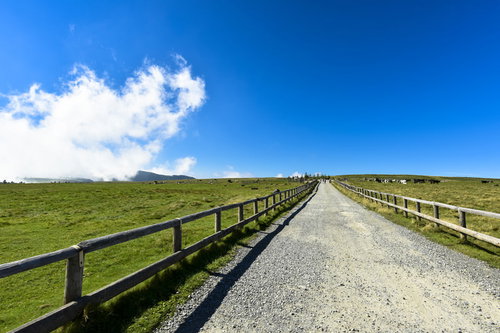 日本百名山・美ヶ原の牧場を横切る木製の柵