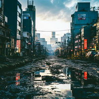 崩壊した都市、誰もいない世紀末の世界線、瓦礫が散乱する荒廃した街の写真