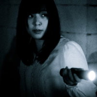 奇妙な音がした方向を懐中電灯で照らす女性の写真