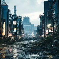 滅亡した大都市の瓦礫と廃墟、被災後の荒廃した街並み（世紀末）の写真