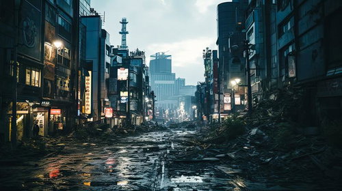 滅亡した大都市の瓦礫と廃墟、被災後の荒廃した街並み（世紀末）