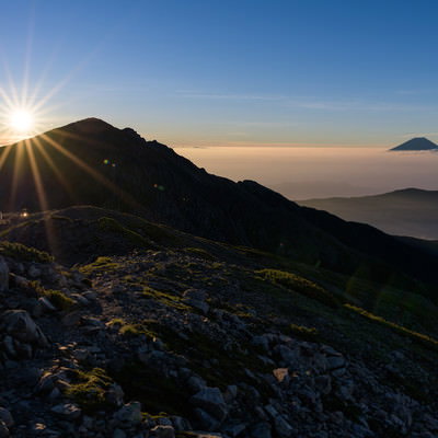 朝日に染まる悪沢岳から放射状に広がる光芒と富士山の写真