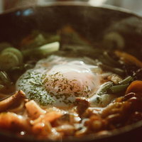 温泉卵がのった卵うどん、青ねぎと乾燥わかめのトッピングの写真