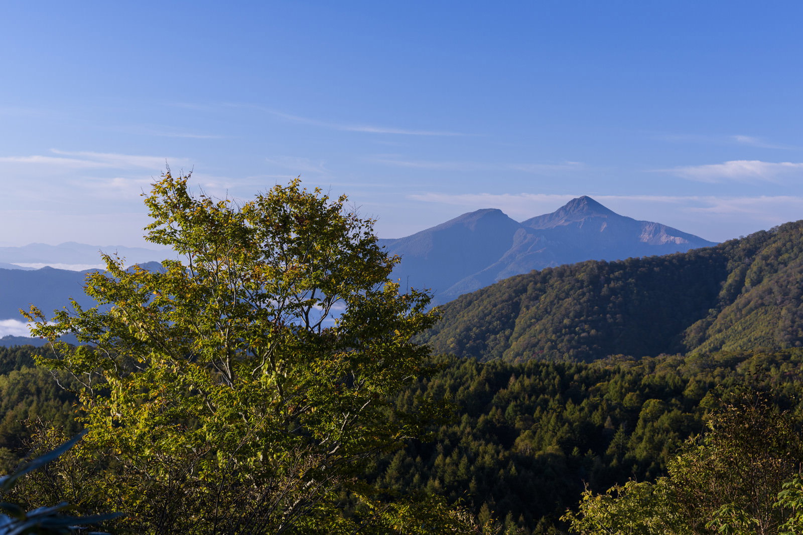 西吾妻山から眺める磐梯山の山岳風景、青空と緑の山々