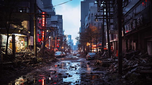 都市が滅亡した世紀末の壮絶な風景と廃墟化した街並み