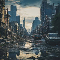 瓦礫に覆われた世界の破滅後の風景 - 廃墟と化した街路の写真