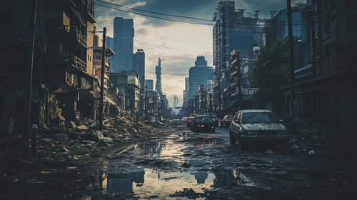 瓦礫に覆われた世界の破滅後の風景 - 廃墟と化した街路