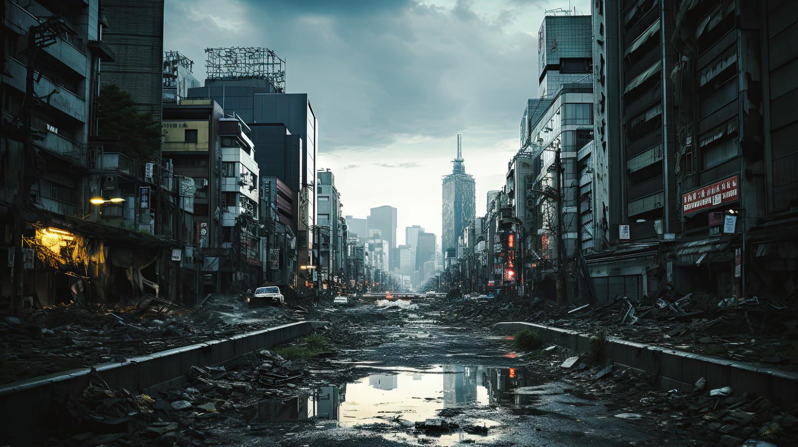 瓦礫で埋まった都市部の道路と奥に見える高層ビル