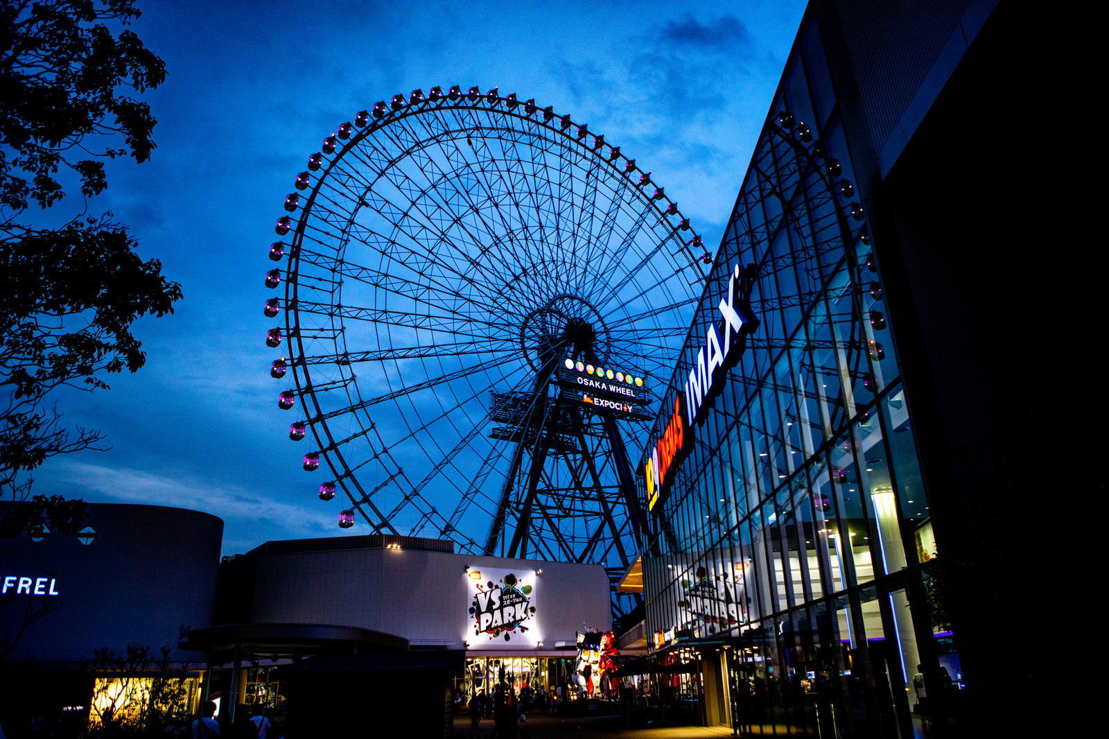 夜空に浮かぶ色鮮やかにライトアップされた観覧車